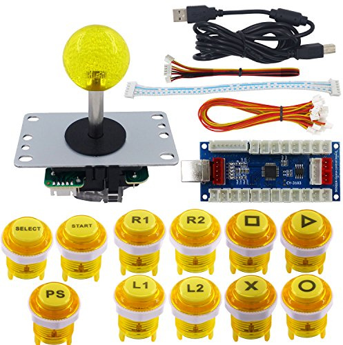 SJ@JX Arcade Game Stick DIY Kit Buttons with Logo 8 Way Joystick USB Encoder Cable Controller for PC PS3 PS2 MAME Raspberry Pi Yellow