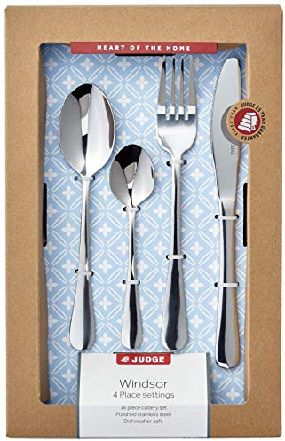 Judge Windsor 16 Piece 18/0 Stainless Steel Cutlery Set for 4 People, Knife, Fork, Spoon and Teaspoon, 25 Year Guarantee