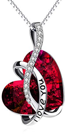 AOBOCO Kette Herz Sterling Silber Ich Liebe Dich Halskette Damen mit Kristallen, Geburtstagsgeschenk für Frauen Freund (l Love You (Rot))