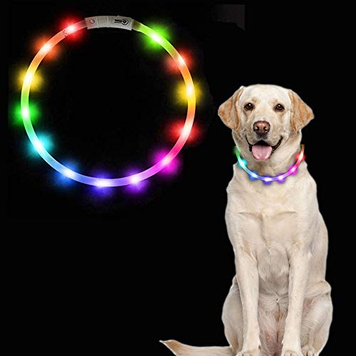 Dricar Leuchtender Hundehalsband, über USB wiederaufladbar, LED-Blink-Hundehalsband mit 3 Leuchtmodi, passend für kleine, mittelgroße und große Hunde und Katzen (Regenbogenfarben)