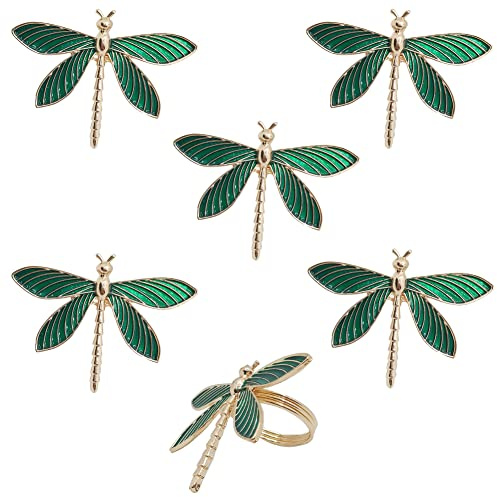 CPELLESSE 6 Pack Gold Napkin Ring Dragonfly Napkin Rings Holders Insect Napkin Rings Buckle for Thanksgiving,Christmas, Family Gather, Table Decoration Rings (Green)
