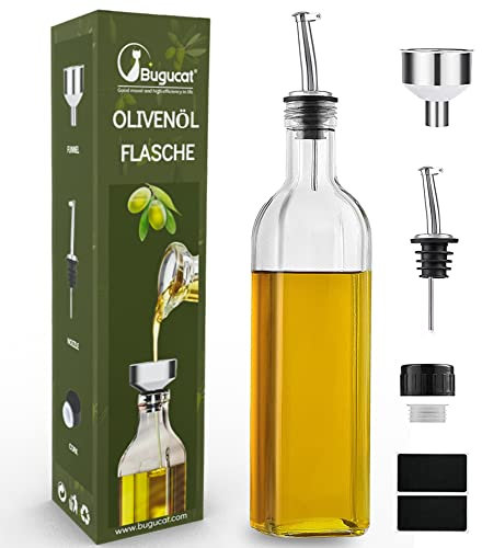 Bugcat Botella de Aceite,Dispensador de Aceite y Vinagre 500ML,Botella Aceite Dispensador con Acero Inoxidable Embudo y Etiquetas,Dispensador de Aceite de Oliva para Cocinar Barbacoas Parrillas Pasta