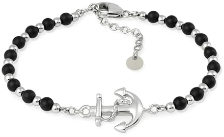 SAGA GIOIELLI® Bracciale Uomo Collezione Nautica, Sfere Acciaio e Onice, Black Onyx, Chiusura a Moschettone, Lunghezza 17,5-22 cm