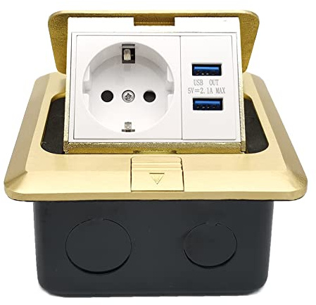 Prellen Bodensteckdose 2-fach Tischsteckdose mit 2 USB Hafen, Wandsteckdose Einbausteckdose versenkbar Steckdose, Boden Tisch, Arbeitsplatte, Restaurant Küche, Gold