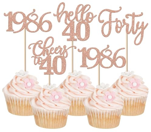 24 adornos para cupcakes de 40 cumpleaños con purpurina desde 1983, saludos en 40 cupcakes Picks hola 40 años, decoraciones para tartas de cumpleaños, fiestas, suministros de oro rosa