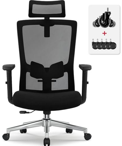 Airchros Bürostuhl Ergonomisch, Ergonomischer Bürostuhl mit Verstellbarer Lendenwirbelstütze, Armlehnen und Kopfstütze, Drehstuhl Bürostuhl 150 kg, Schreibtischstuhl Chefsessel Wippfunktion bis 135°