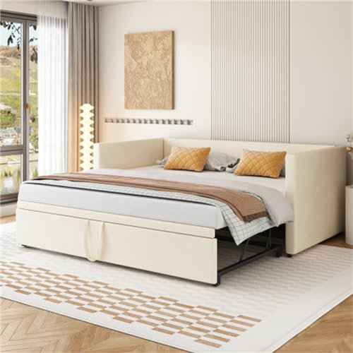 Tcewhhy Ausziehbares Schlafsofa 90/180 * 200 cm Polsterbett Mit Lattenrost Doppelbett Jugendbett Für Erwachsene Jugendliche Gästebett Für Wohnzimmer Gästezimmer Beige