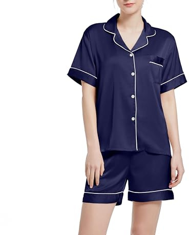 Xuepelit Dam satin kortärmad pyjamas-set, tvådelat nattkläder, button down, klassisk, ledig, mode, sidenpyjamas för kvinnor, Marinblå, L