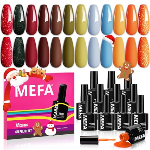 MEFA UV Nagellack Set Herbst Winter, Gel Nagellack UV Set 12 Farben Blau Grün Orange Rot Braun Glitzer Kollektion UV Gel Nagellack Soak-Off UV Nagellack für Anfänger DIY Nailart zu Hause Sommer, 7 ML