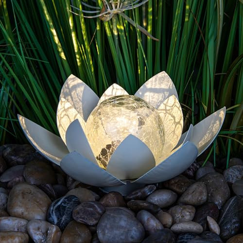 Spetebo Fiore di loto solare a LED con vetro crack, sfera – 25 x 11 cm – Lampada decorativa per il giardino – Lampada decorativa da giardino Lotus lampada solare decorazione giardino vetro