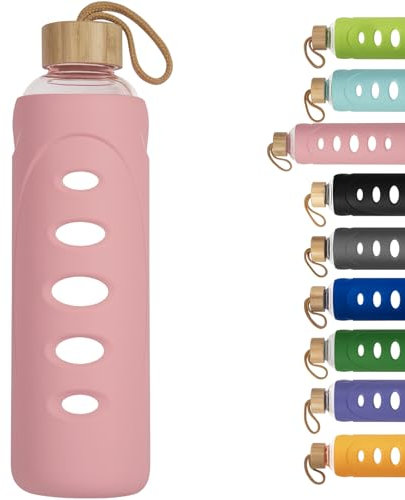 Ferexer 1 litre / 1l / 1000 ml Sport Borosilicate Glass Water Bottle with Protective Silicone Sleeve and Bamboo Lid (pink)