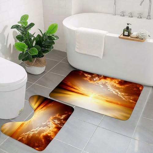 EYLOZS Badezimmerteppich Set 2 Teilig Waschbar rutschfeste Badematte Toilettenmatte Weich Saugfähige Badteppiche,Fliegen Sie über den Wolken bei Sonnenuntergang
