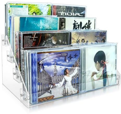 CD-Halter aus transparentem Acryl, 4 Ebenen, kaskadierend, mit Vinyl-Schallplattenständer, für bis zu 32 Hüllen (groß, transparent)