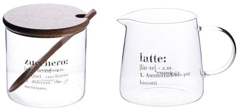 Villa d'Este Home Tivoli Set lattiera e zuccheriera 320 ml in vetro, coperchio e cucchiaino in bambù, trasparente, Victionary