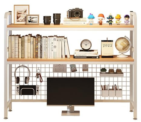 2 Tier Computer Desktop Bookcase, Metal Display Rack with Grid Panel 37.5 Inch Multipurpose Wood Desk Hutch Bookshelf for Computer Display Rack for Office Home Dorm (White)