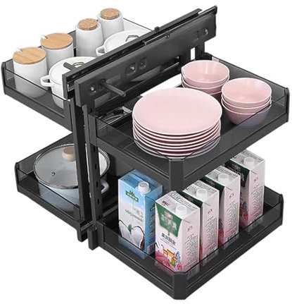KaBuea Blinder Eckschrankauszug für Küchenschrank, 2-stufige ausziehbare Tablett-Blindregale (links offen und rechts offen kompatibel), Soft Close Blind Eckschrank Organizer