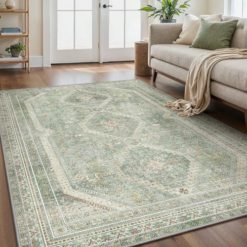 GENIMO Rugs 160X230 cm Living Room Large Green Rug Washable Carpet for Bedroom Machine Non-Slip Carpet Boho Vintage