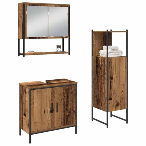 vidaXL Juego de Muebles de baño 3 uds. Marrón 33 x 33 x 113,5 cm | Mucho espacio para todas tus cosas, Destaca el encanto natural con un look envejecido,