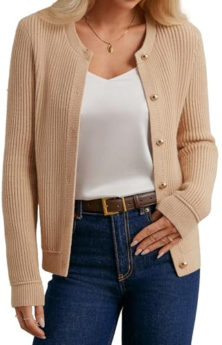 GRACE KARIN Autumn Cardigans for Women UK, Crew Neck Long Sleeve Knitted Blazer Jackets Elegant, Chunky Sweater Outwear M Khaki