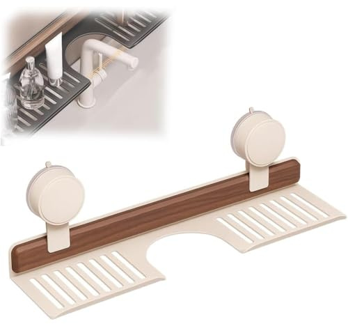 LZTET Mensola Da Bagno Con Ventosa In Noce,Organizer Per Lavello Parete,Rimovibile E Impermeabile,Senza Foratura,Portaoggetti Legno Rubinetti,Per Accessori Cucina Bagno(40cm,White)
