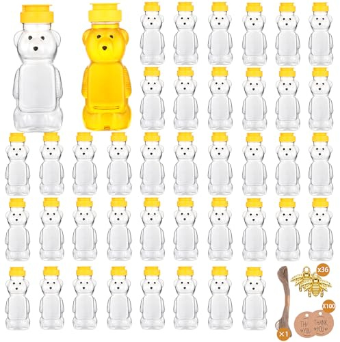 Barafat 8oz Plastic Honey Bear Bottle Mini Honey Jars Party Favors Small Honey Bear Bottles with Lids Bear Shape Clear Empty Honey Jar with Screw Yellow Lid 50 Tags 2 Rolls Jute Rope (36-set)