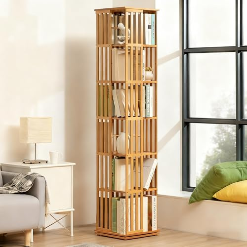 Hltdzer 360° Holz Drehbibliotheksturm Eck Etagere Bücherregal Schmale Offene Display Bücherregal aus Massivholz für Kleine Räume, Wohnzimmer, Küche, Home Office(A,178CM/70.1IN)