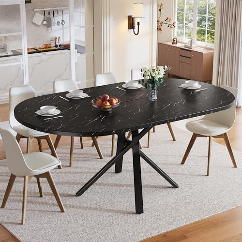 BEJUDYTT Runt utdragbart bord med marmorutseende – 100 cm (utdragbart till 140 cm) x 75,5 cm högt – med robust X-metallram i svart – perfekt som köksbord eller frukostbord