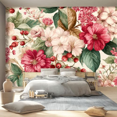 Carta da Parati Fotografica Decorazione Artistica - Campagna Francese Acquerello Fiori Fotomurale per Soggiorno Camera da Letto, Rosa Poster con Carta da Parati di Grande Formato, 150 x 105 cm