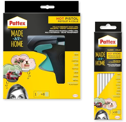 Pattex Made at Home Heißklebepistole, Kleber für kreative Heimwerkarbeiten, Set aus 1x Klebepistole und 6x Heißklebesticks mit 11mm Durchmesser (Heißklebepistole + Sticks)