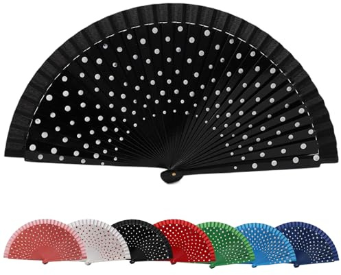 Flamenco Spanish Wood Folding Fan,Spanish Hand Fan Foldable,Dots Pattern Modern Classical Vintage Wood Hand Fans (Black)