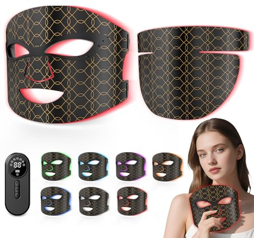 LED Maske Gesicht & Hals, Rotes & Blaues Licht mit 7 Modi, 608 Perlen | 855nm NIR, Aufladbar Rotlicht Gesichtsmaske 3000 mAh, Verstellbare Bänder für Hause