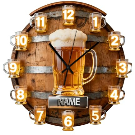 ASD Jewerly Orologio a tema di tazza di birra personalizzata in vetro uomini regalo, stampa piatta 2D nome personalizzato Orologio da parete in vetro di birra Decorazione della casa