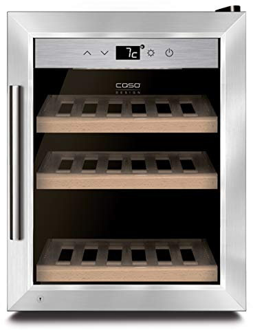 CASO WineSafe 12 - Design Weinkühlschrank mit Kompressortechnik, 1 Zone auf 5-20°C einstellbar, Lagerung von bis zu 12 Flaschen, LED beleuchtet, freistehend, Edelstahl
