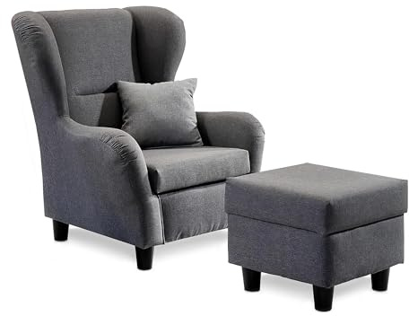 lifestyle4living - Moderner Ohrensessel mit Hocker – Große Auswahl an Stoffen und Farben - Gemütlicher Designer-Sessel im eleganten Landhaus-Stil, Grau