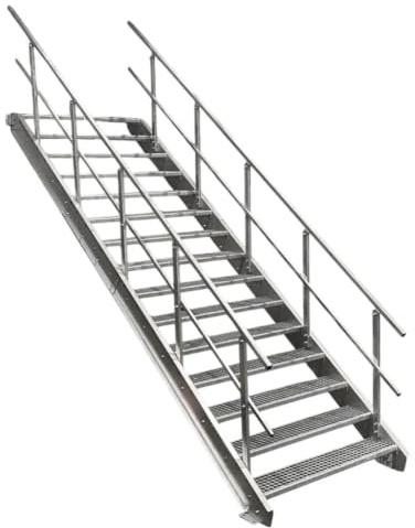 SRM Design 15 Stufen Stahltreppe mit beidseitigem Geländer Breite 100 cm Geschosshöhe 250-320 cm feuerverzinkt robuste Außentreppe Wangentreppe stabile Industrietreppe für den Außenbereich