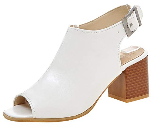 Jamron Mujer PU Moda Peep Toe Slingback Pumps Abrir de Nuevo Talón de Bloque Correa de Tobillo Sandalias Botines Blanca SN020422 EU37