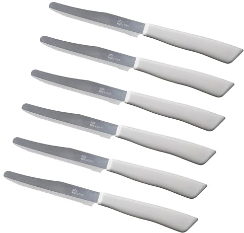 Tredoni 6 Kitchen Knives - 11cm Italian Stainless Steel Serrated Vegetable/Steak/Table Knife Cutlery, Rounded Tip (White)
