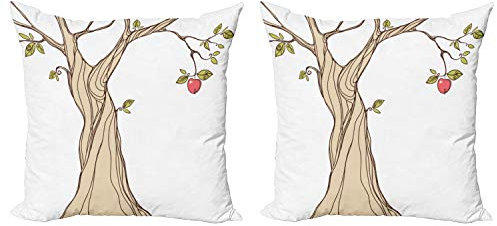 ABAKUHAUS Karikatur Kissenbezug Set (2Stück), Apfelbaum mit Blättern Kunst, doppelseitiges Digitaldruckdekor mit Reißverschluss, 50 cm, Beige Grün Coral