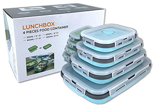 Beeptrum Collapsible Silicone Food Storage Container with Lid, Portable Lunch Bento Box Outdoor Picnic Box Space Saving, Microwave, Dishwasher and Freezer Safe, Set of 4(Blue & Grey) …