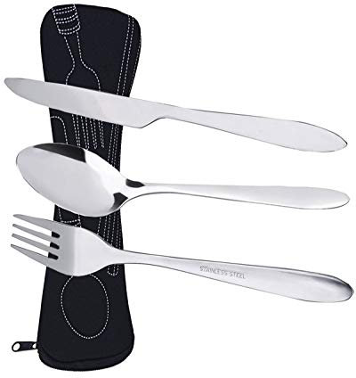 Prettyui Silverware Cutlery Set Stainless Steel with Organizer Bag Travel Camping Flatware Dinnerware Tableware Kit with Storage Lunch Box for Picnic School Knife Fork Spoon Set Black Case（3 Pack）