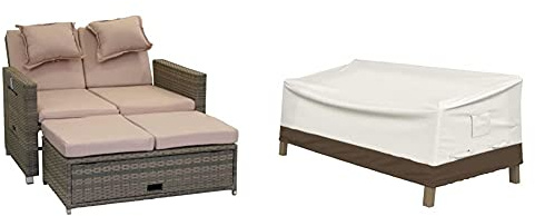 Greemotion Rattan-Lounge Bahia Twin, Sofa & Bett aus Polyrattan, 2er Garten-Sofa mit Stahl-Gestell, Daybed zweigeteilt, grau-Bicolor & Amazon Basics Abdeckung für tiefes 2-Sitzer-Loungesofa