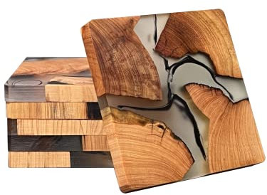shizuro Untersetzer aus Holz eckig - 6er Set - Glasuntersetzer für Getränke, Tassen, Becher, Gläser - Design, Deko Tischuntersetzer Echtholz Epoxidharz modern
