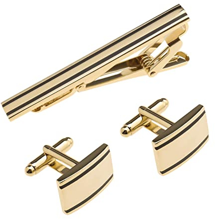 YINETTECH Set med 3 slipsklämma och manschettknappar set affärströjor slipsklämma slipsspänne present för bröllopsfest affärsmöte fars dag alla hjärtans dag guld, Guld, 50x6mm,19x13mm