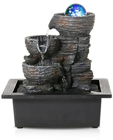 Dyna-Living Zimmerbrunnen Tischbrunnen mit Rollender Kugel, Brunnen Polyresin Springbrunnen LED-Beleuchtung Mehrfarbig, Tischplatte Wasserbrunnen Wasserfall Brunnen, 26 * 23 * 17.5cm