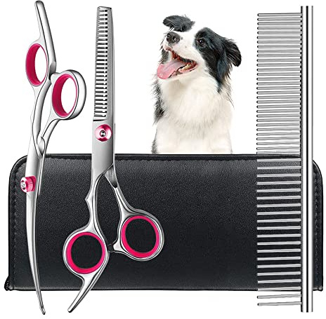 Kaket Dog Grooming Scissors, Pet Grooming Shears, Thinning Shears, Curved Scissors, Stainless Steel Pet Grooming Pink