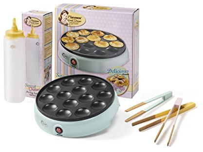 Bestron Poffertjesmaker, confezione vantaggiosa con bottiglia e 3 pinze da portata, ideali per Natale, Pasqua o compleanno per bambini, design retrò, 800 Watt, colore: menta/giallo