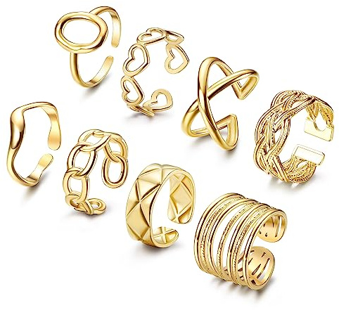 Chriscoco Anillos de Acero Inoxidable para Mujer - Juego de 8 Piezas Plata/Oro, Nudillos Boho Ajustables
