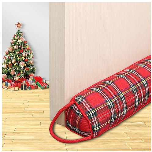 Dreieckiger Zugluftstopper unter der Tür, Geräuschblocker, 81 cm, für Türboden, Luftdichtung, Isolierung und schalldicht, robuster Wetterschutz, Schlangenabisolierung, Schottenkaro, Rot