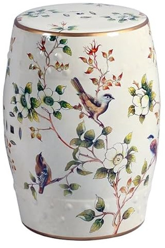 Fine Asianliving Keramik Hocker Weiß Vögel Handgefertigt - Athela D30xH45cm China Keramik Gartenhocker Porzellan Glasierte Keramik Stool Chinesische Hocker Drum Garden Stool