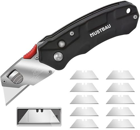 Mustbau Professional Universalmesser, Klappmesser im Metall-Griff schwarz (Inkl.10 Stück SK5 Ersatzklingen), Cuttermesser Profi mit Safety-Lock,Winkelschloss, Teppichmesser Arbeitsmesser